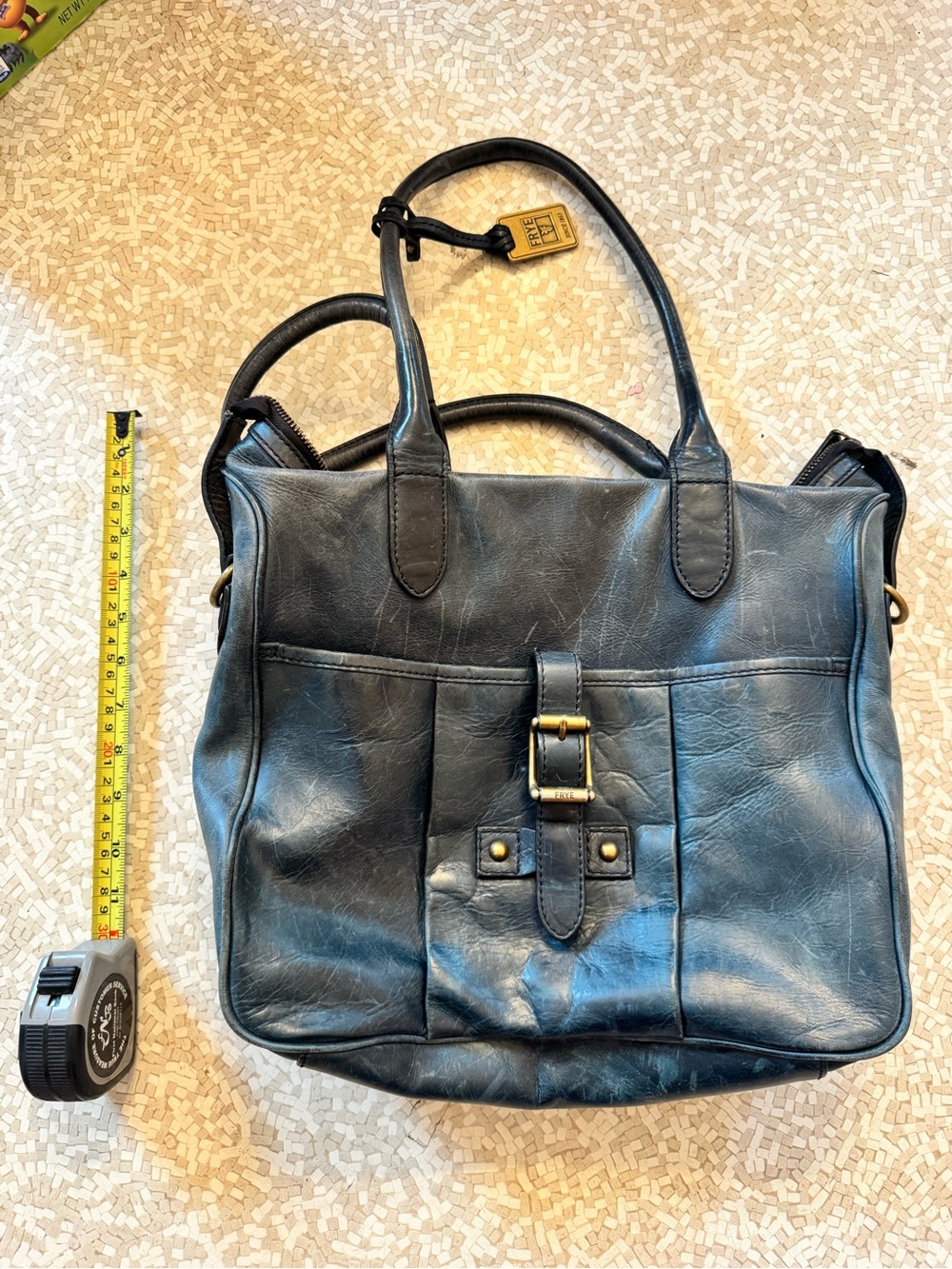 Frye Navy Leather Buckle Front Tote